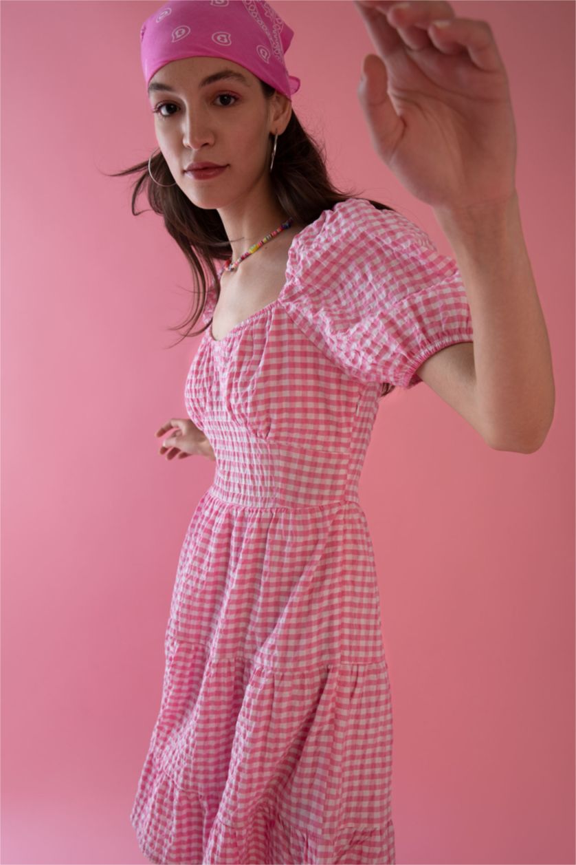 نساء زهري فستان بأكمام قصيرة قصير كاروهات مجعد بياقة قلب