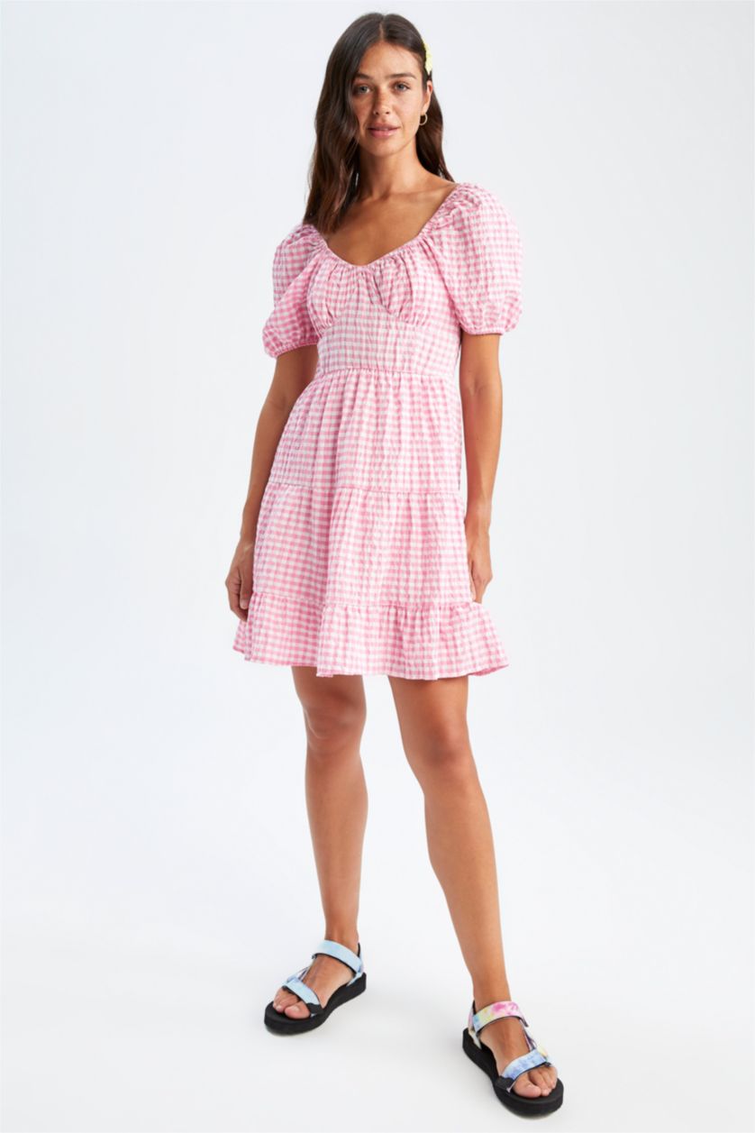 نساء زهري فستان بأكمام قصيرة قصير كاروهات مجعد بياقة قلب