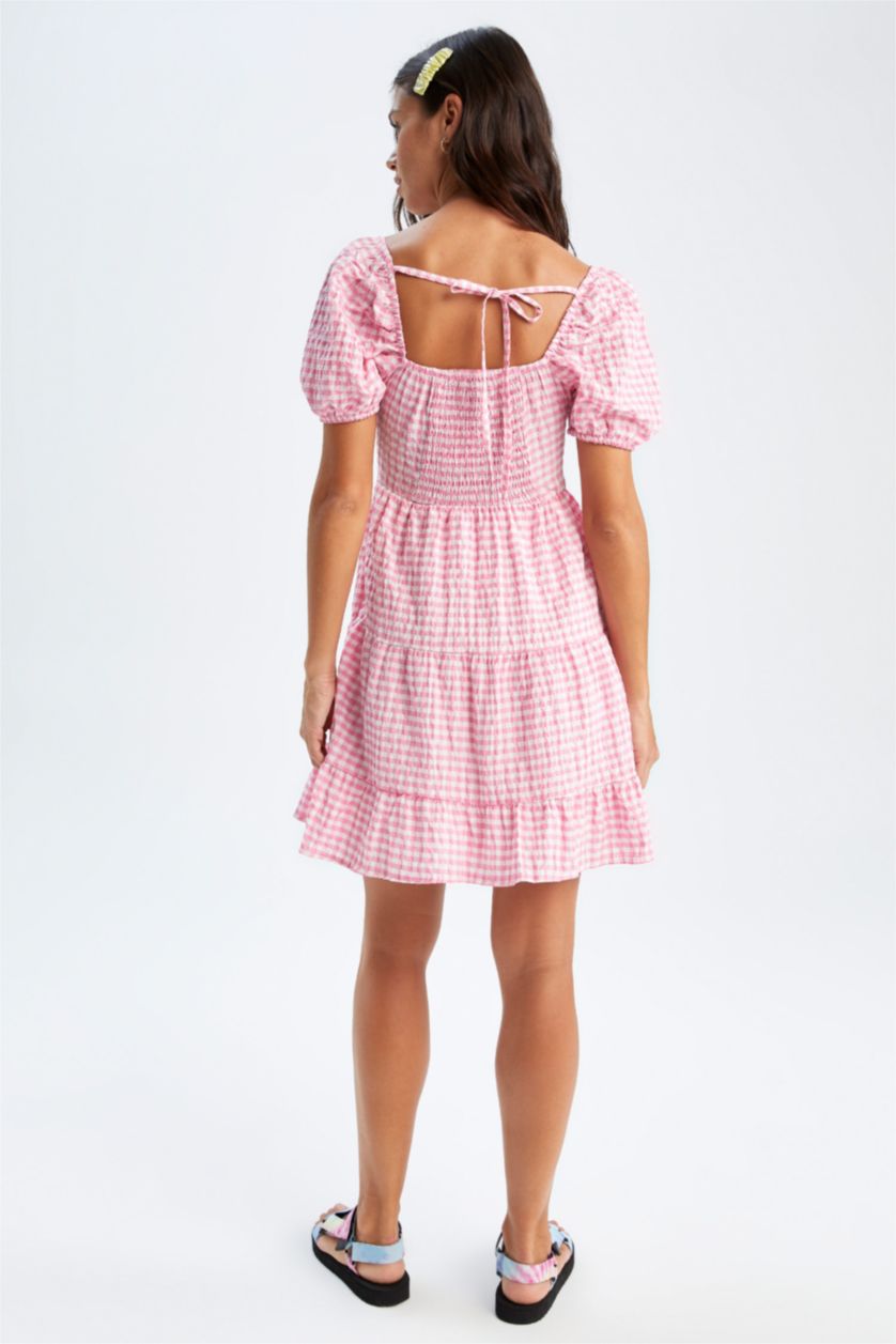 نساء زهري فستان بأكمام قصيرة قصير كاروهات مجعد بياقة قلب