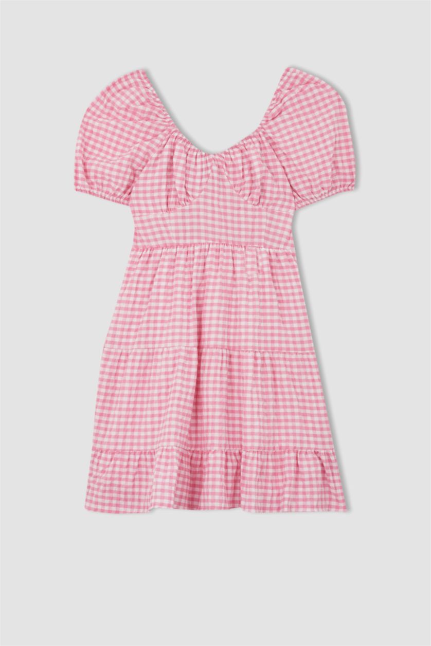 نساء زهري فستان بأكمام قصيرة قصير كاروهات مجعد بياقة قلب