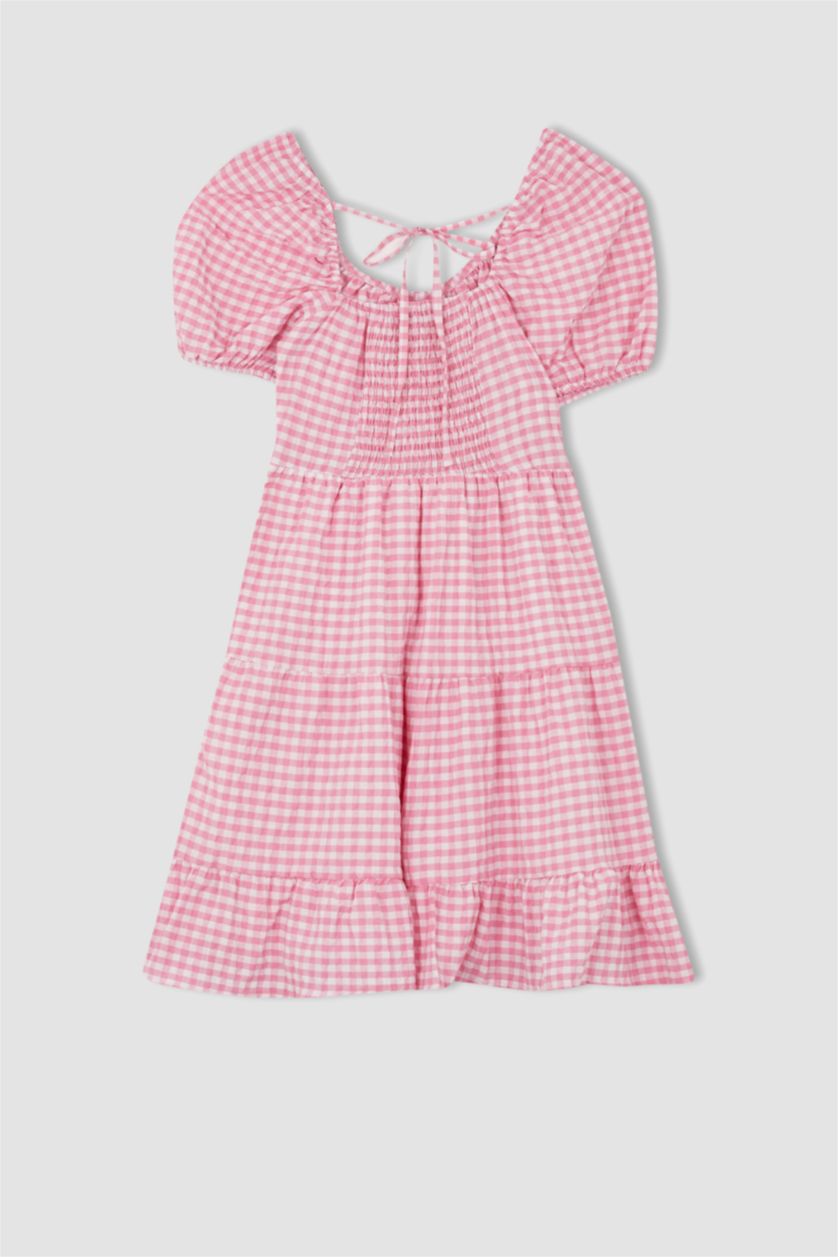 نساء زهري فستان بأكمام قصيرة قصير كاروهات مجعد بياقة قلب