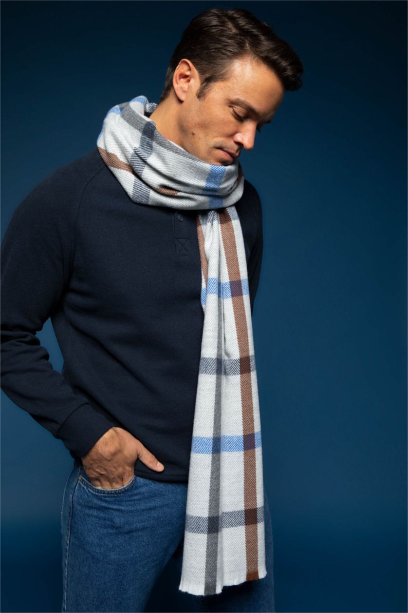 Erkek Gri Erkek Kare Desenli Atkı