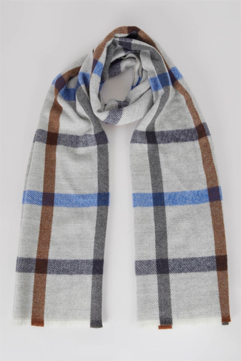 Erkek Gri Erkek Kare Desenli Atkı