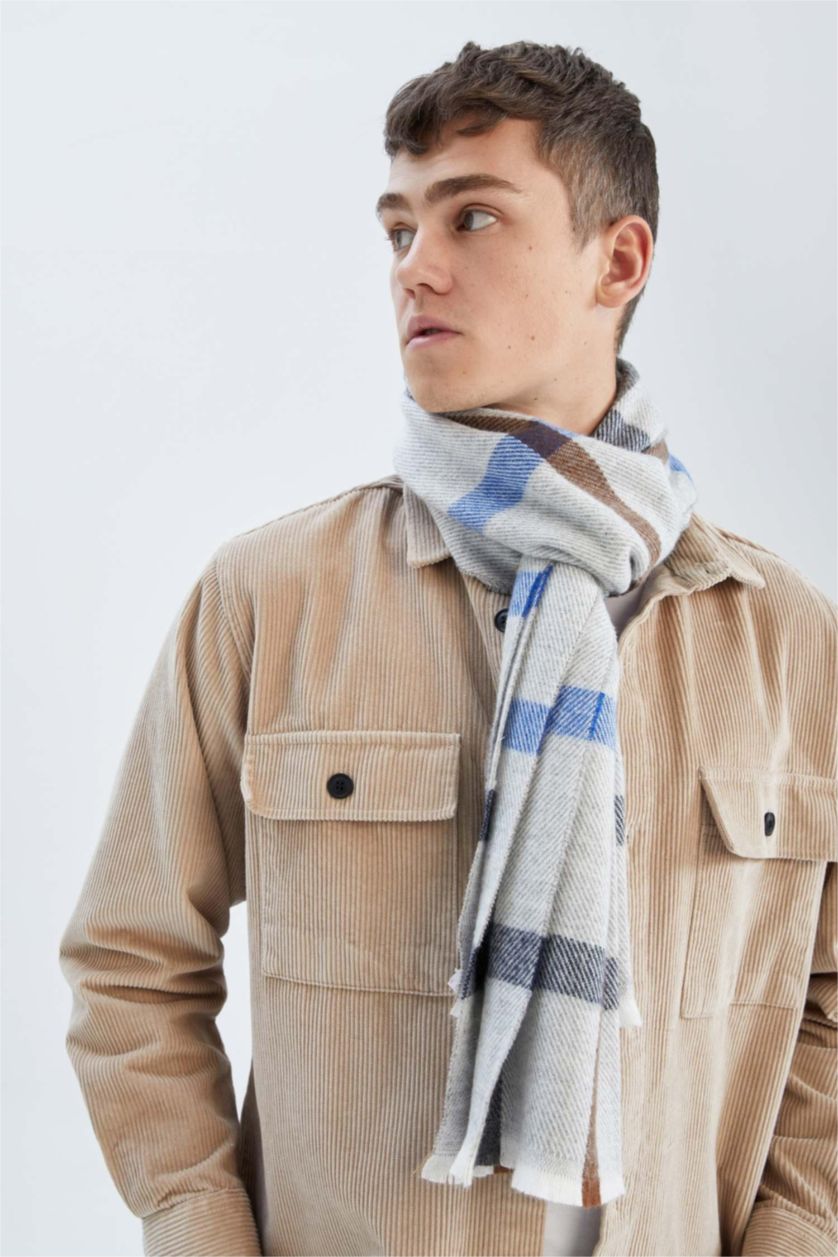 Erkek Gri Erkek Kare Desenli Atkı