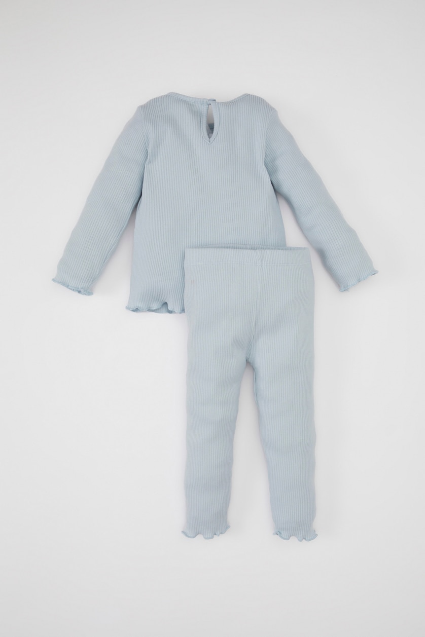 Kız Bebek Açık Mavi Kız Bebek 2'li Takım Çiçekli Fitilli Kaşkorse Uzun Kollu Tişört Beli Lastikli Alt