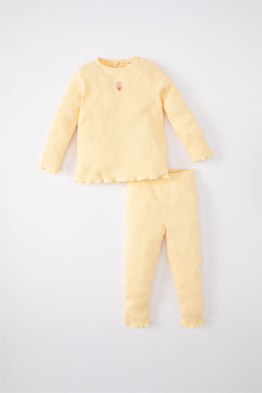 Kız Bebek Sarı 	Kız Bebek 2'li Takım Çiçekli Fitilli Kaşkorse Uzun Kollu Tişört Üst Beli Lastikli Alt