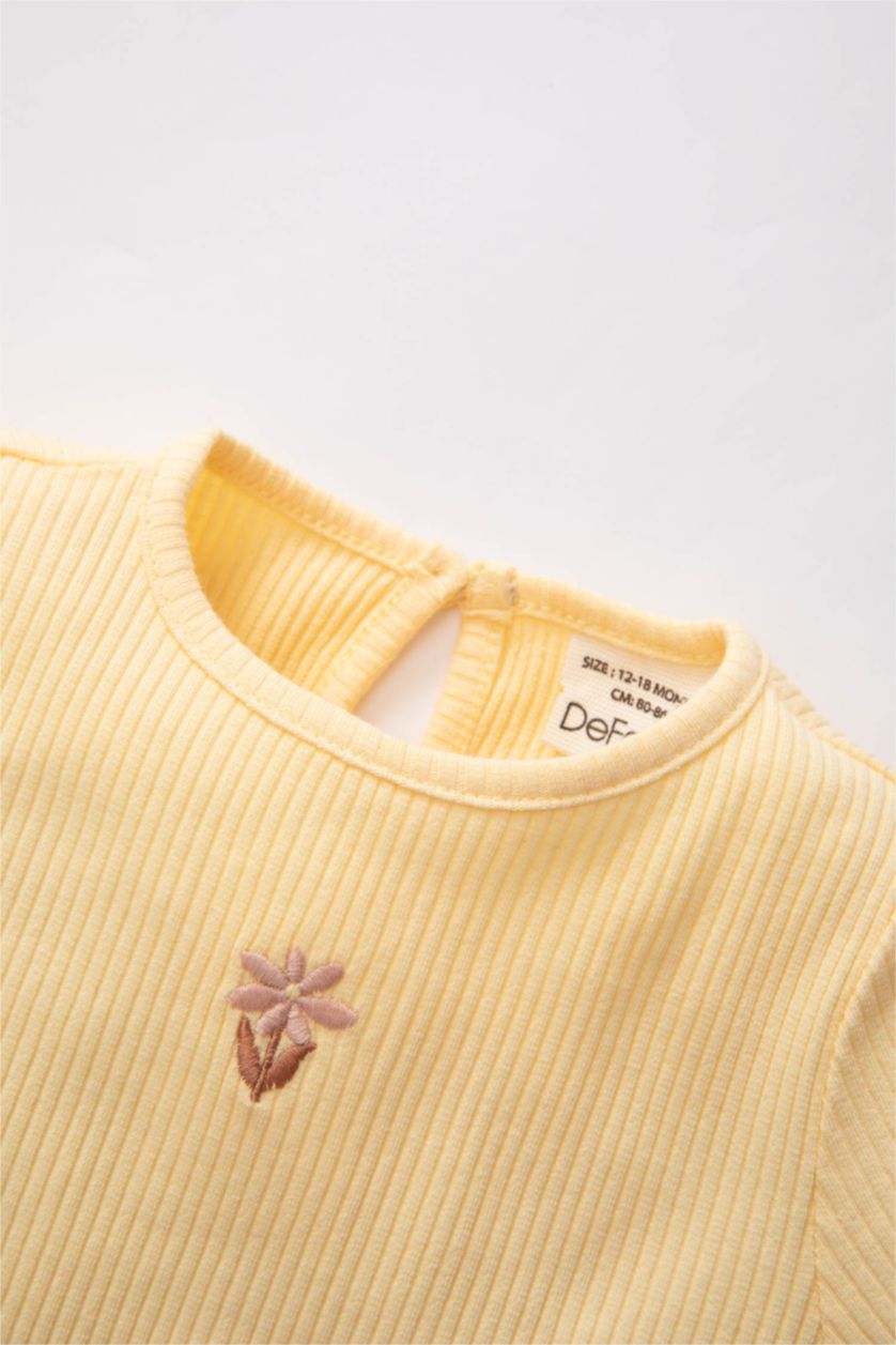 Kız Bebek Sarı 	Kız Bebek 2'li Takım Çiçekli Fitilli Kaşkorse Uzun Kollu Tişört Üst Beli Lastikli Alt