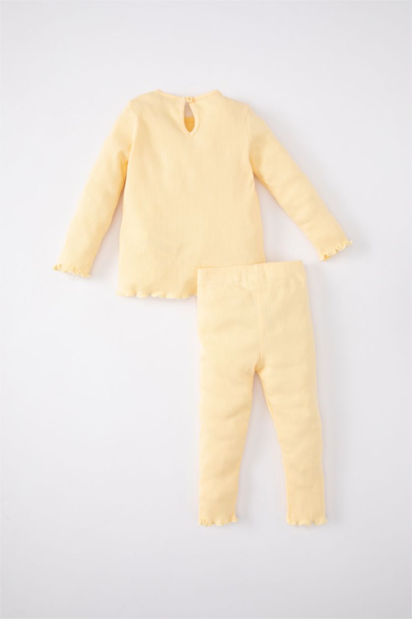 Kız Bebek Sarı 	Kız Bebek 2'li Takım Çiçekli Fitilli Kaşkorse Uzun Kollu Tişört Üst Beli Lastikli Alt