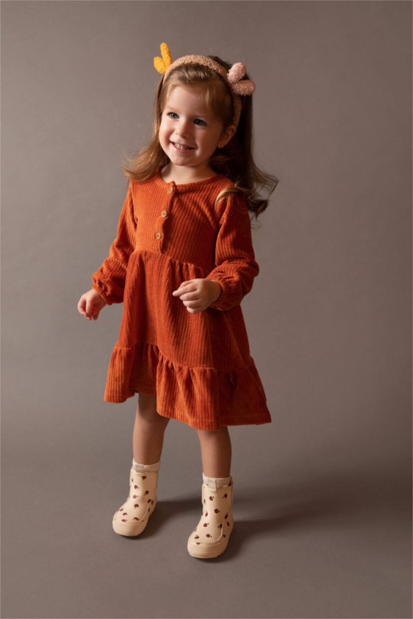 طفلة صغيرة برتقالي فستان بناتي مخمل مضلع بقصة عادية برقبة بالدانتيل