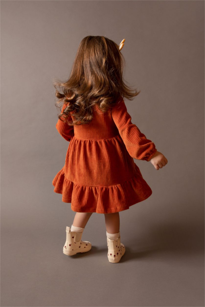 طفلة صغيرة برتقالي فستان بناتي مخمل مضلع بقصة عادية برقبة بالدانتيل