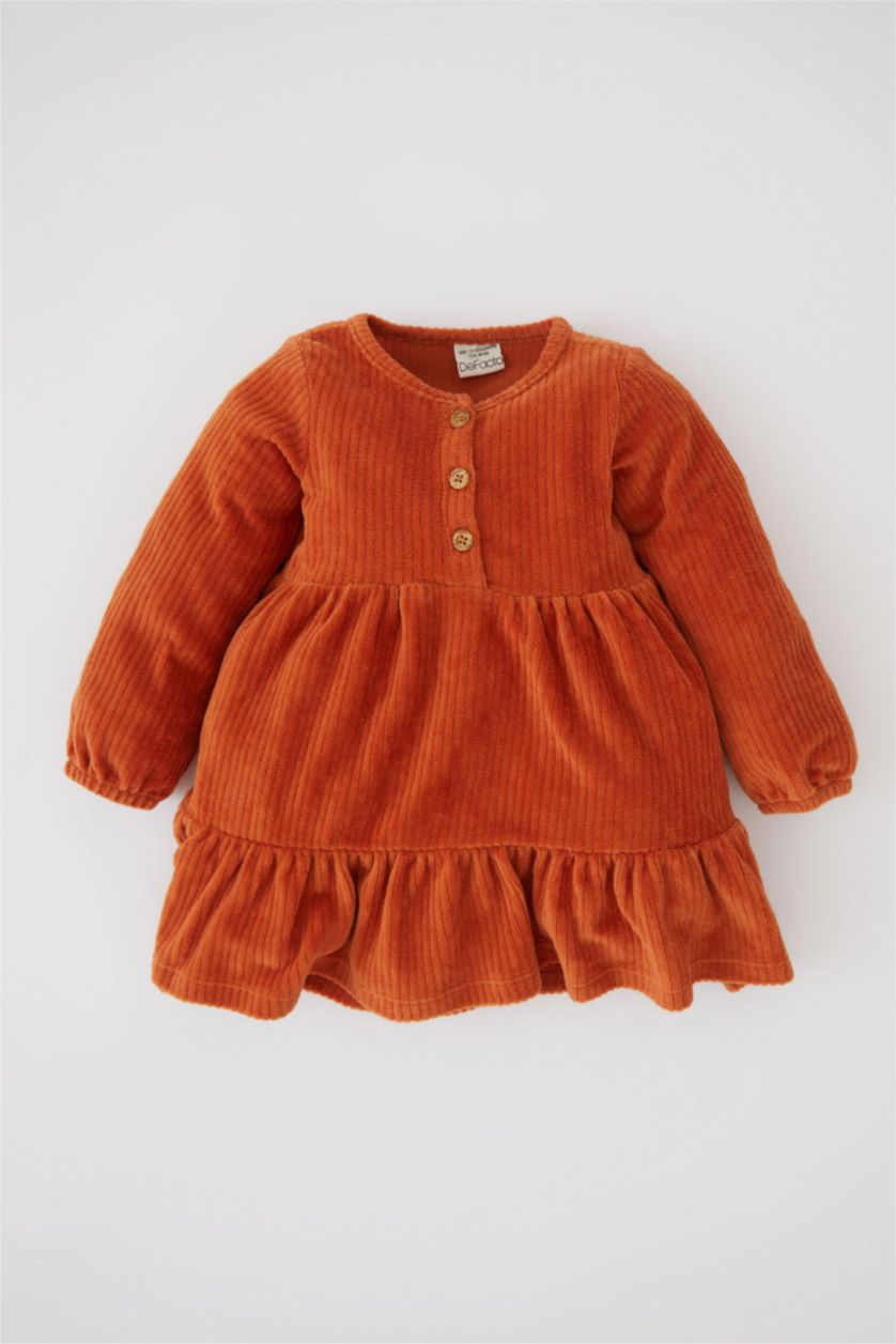 طفلة صغيرة برتقالي فستان بناتي مخمل مضلع بقصة عادية برقبة بالدانتيل