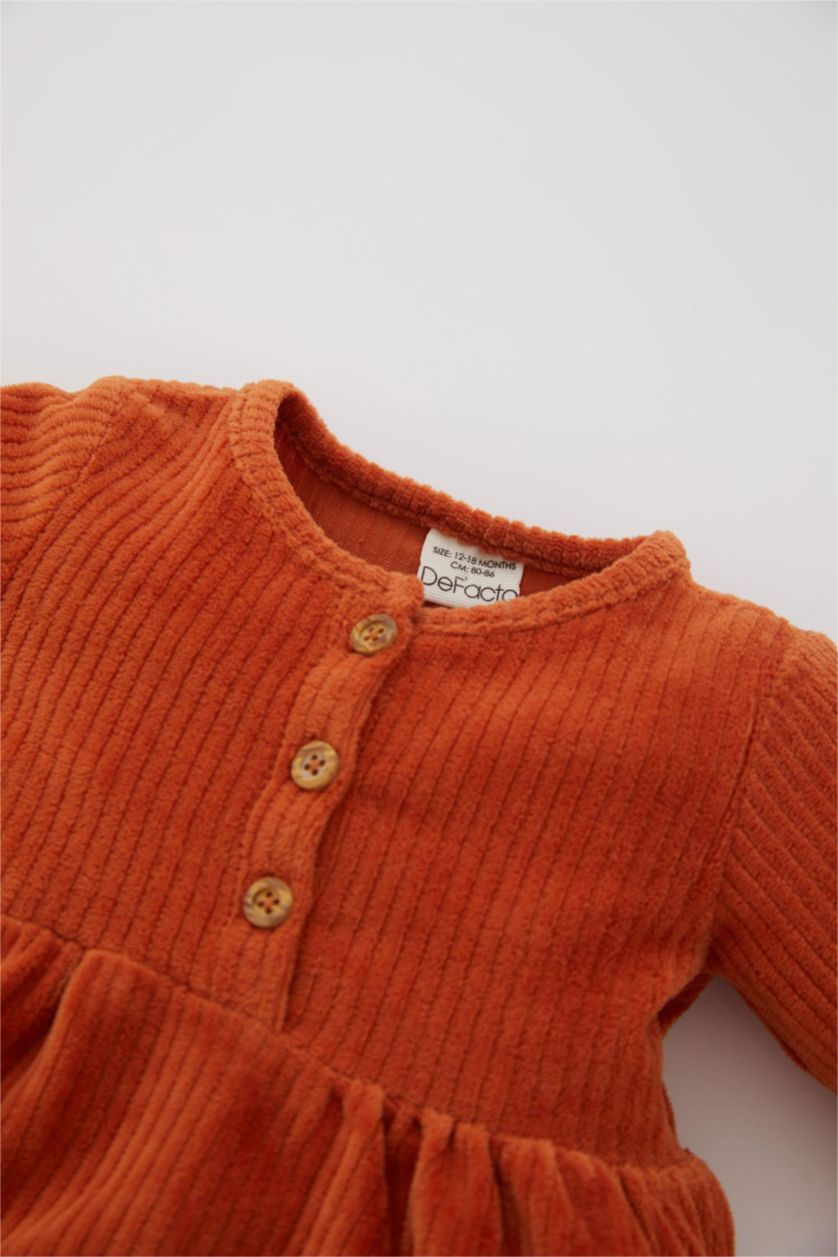 طفلة صغيرة برتقالي فستان بناتي مخمل مضلع بقصة عادية برقبة بالدانتيل