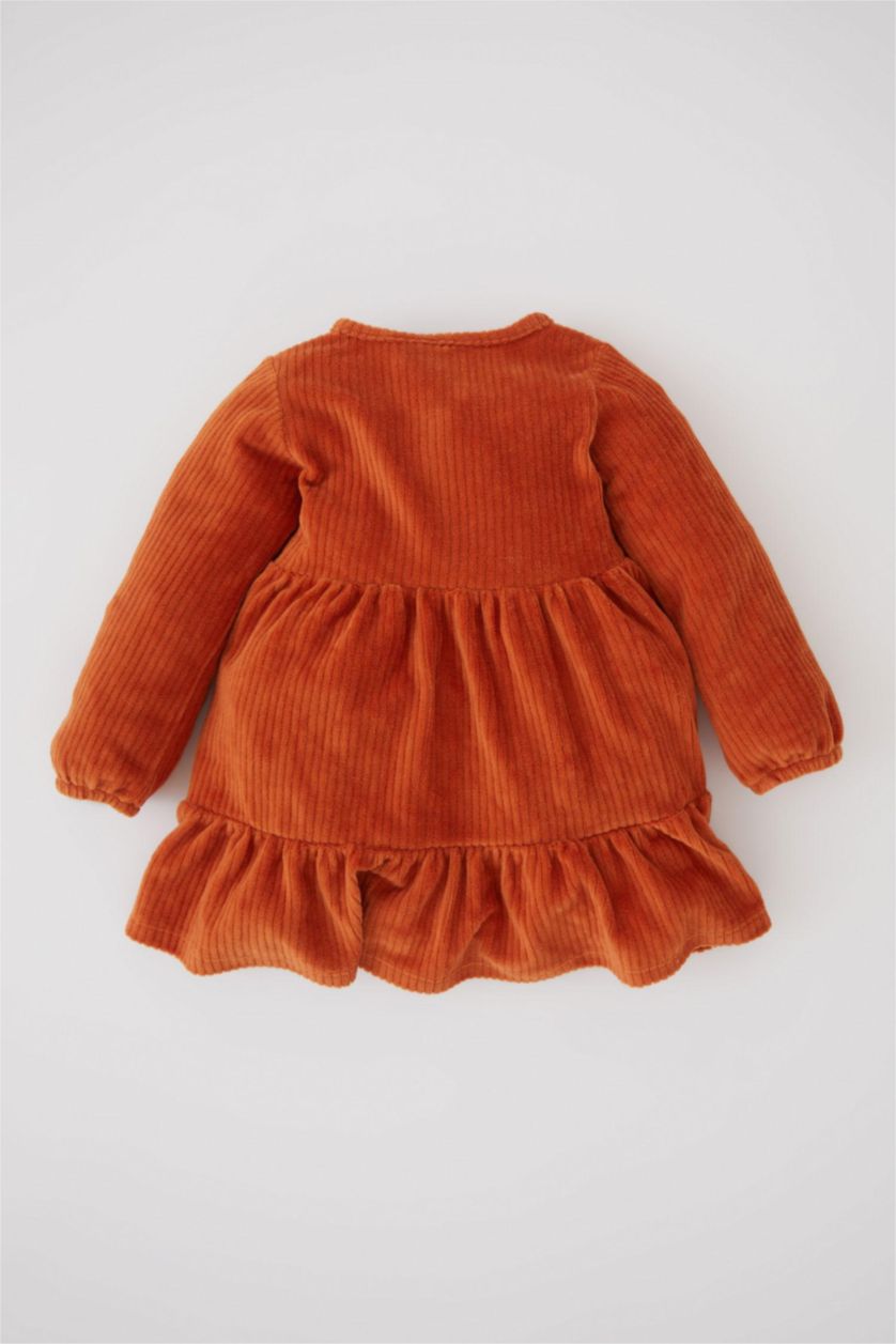 طفلة صغيرة برتقالي فستان بناتي مخمل مضلع بقصة عادية برقبة بالدانتيل