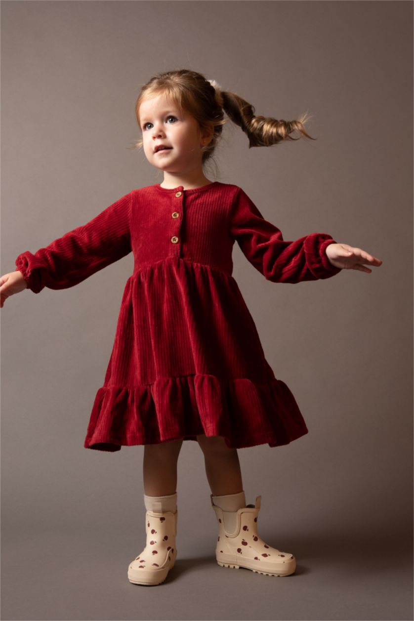 BÉBÉ FILLE Bordeaux Robe En Tricot Velours Côtelé Col Ras Du Cou Manche Longue