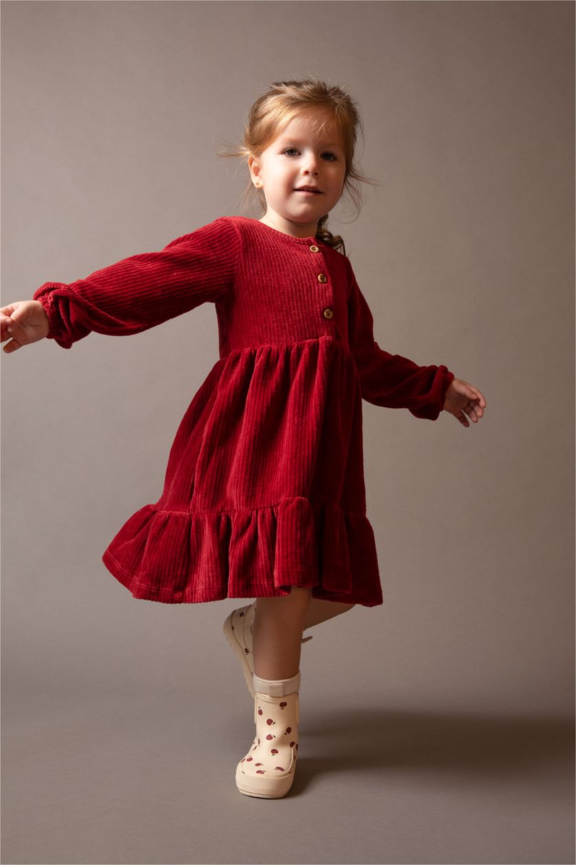 BÉBÉ FILLE Bordeaux Robe En Tricot Velours Côtelé Col Ras Du Cou Manche Longue