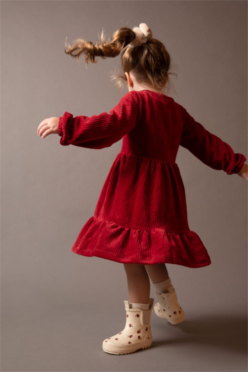 BÉBÉ FILLE Bordeaux Robe En Tricot Velours Côtelé Col Ras Du Cou Manche Longue