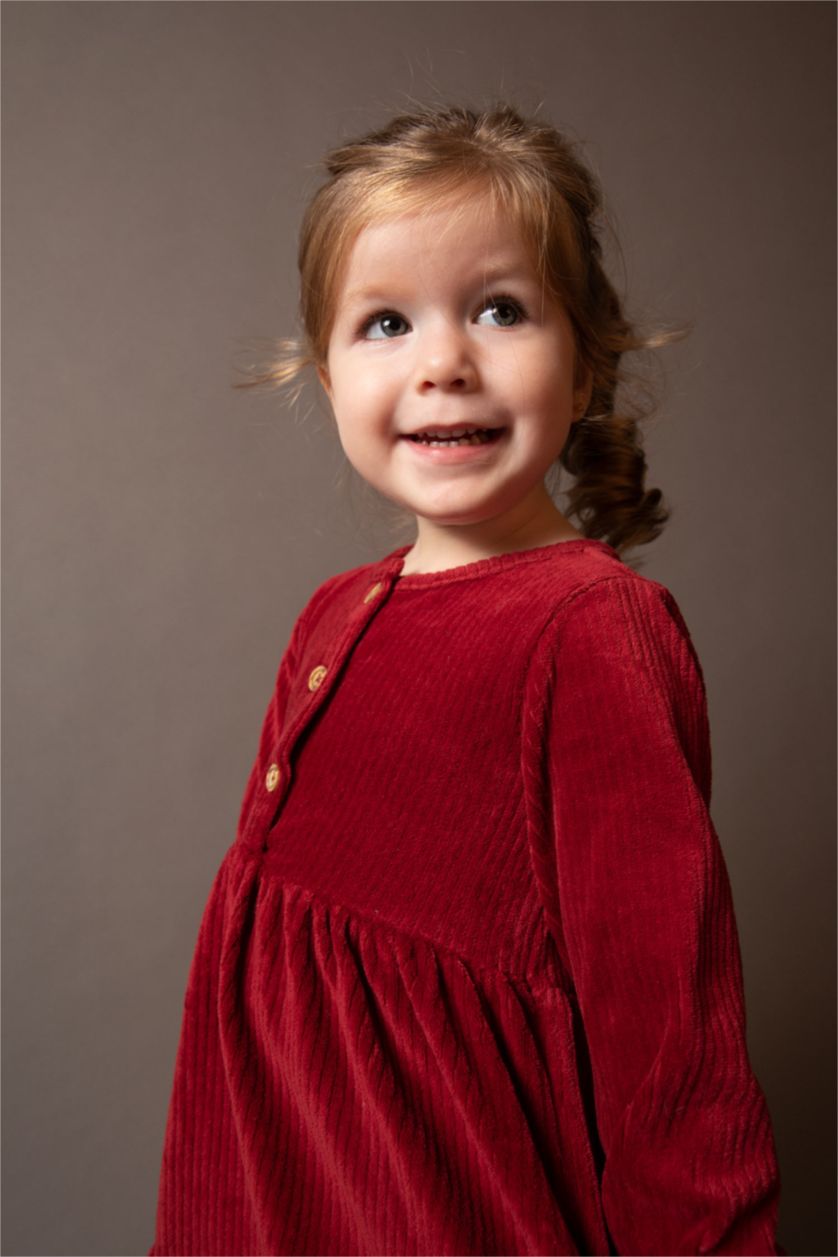 BÉBÉ FILLE Bordeaux Robe En Tricot Velours Côtelé Col Ras Du Cou Manche Longue