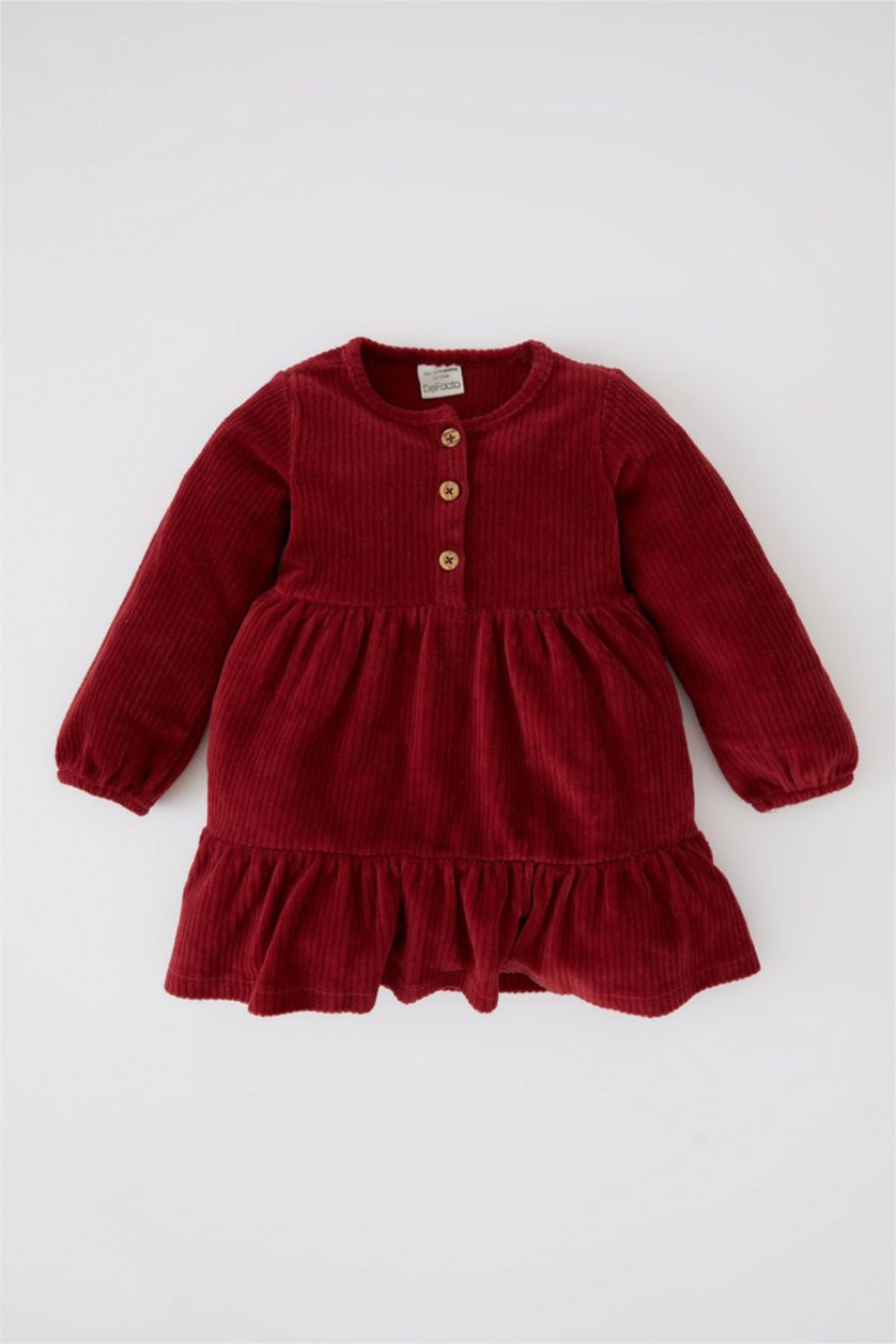 BÉBÉ FILLE Bordeaux Robe En Tricot Velours Côtelé Col Ras Du Cou Manche Longue