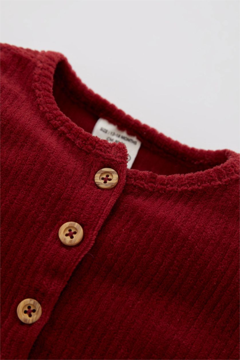 BÉBÉ FILLE Bordeaux Robe En Tricot Velours Côtelé Col Ras Du Cou Manche Longue