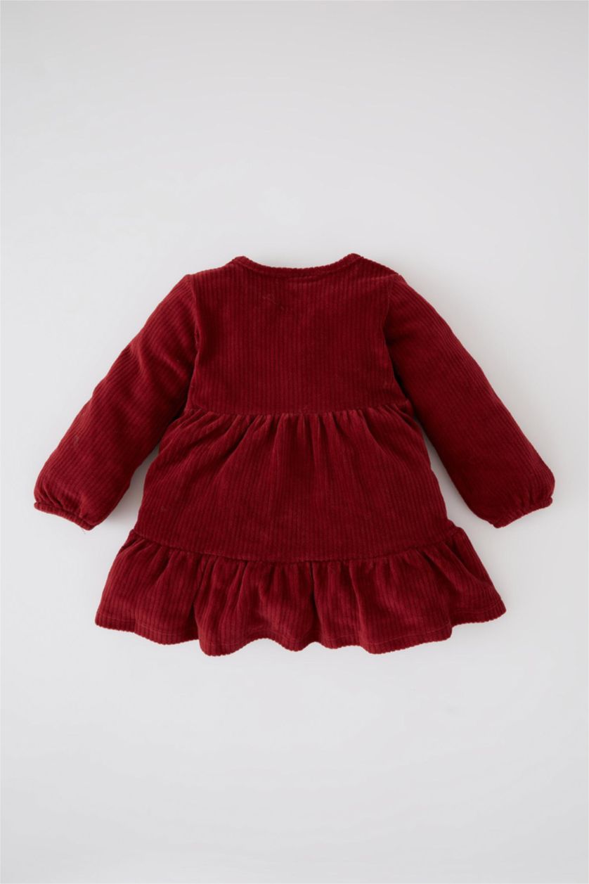 BÉBÉ FILLE Bordeaux Robe En Tricot Velours Côtelé Col Ras Du Cou Manche Longue