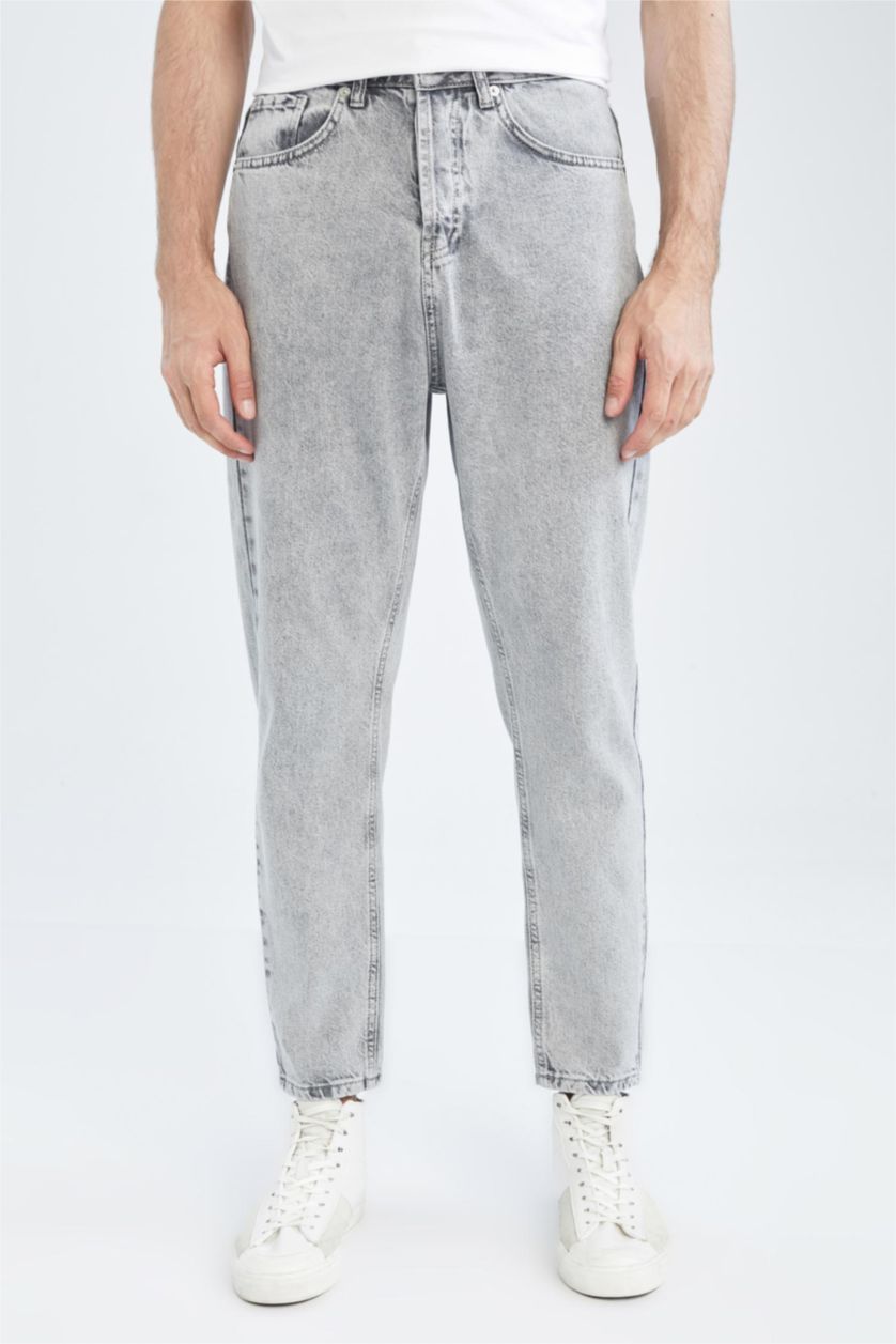 Erkek Açık Gri Loose Fit Bol Kalıp Yüksek Bel Dar Paça Jean Pantolon