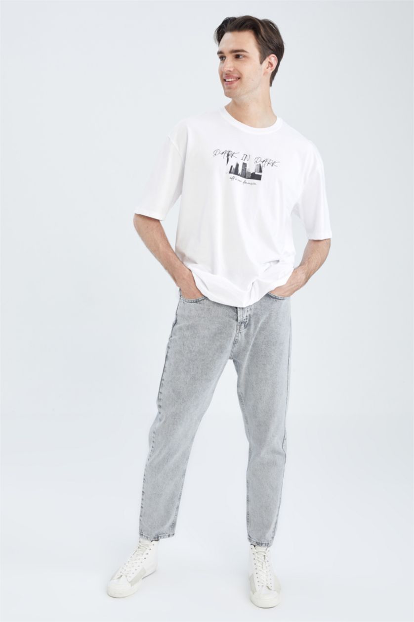 Erkek Açık Gri Loose Fit Bol Kalıp Yüksek Bel Dar Paça Jean Pantolon