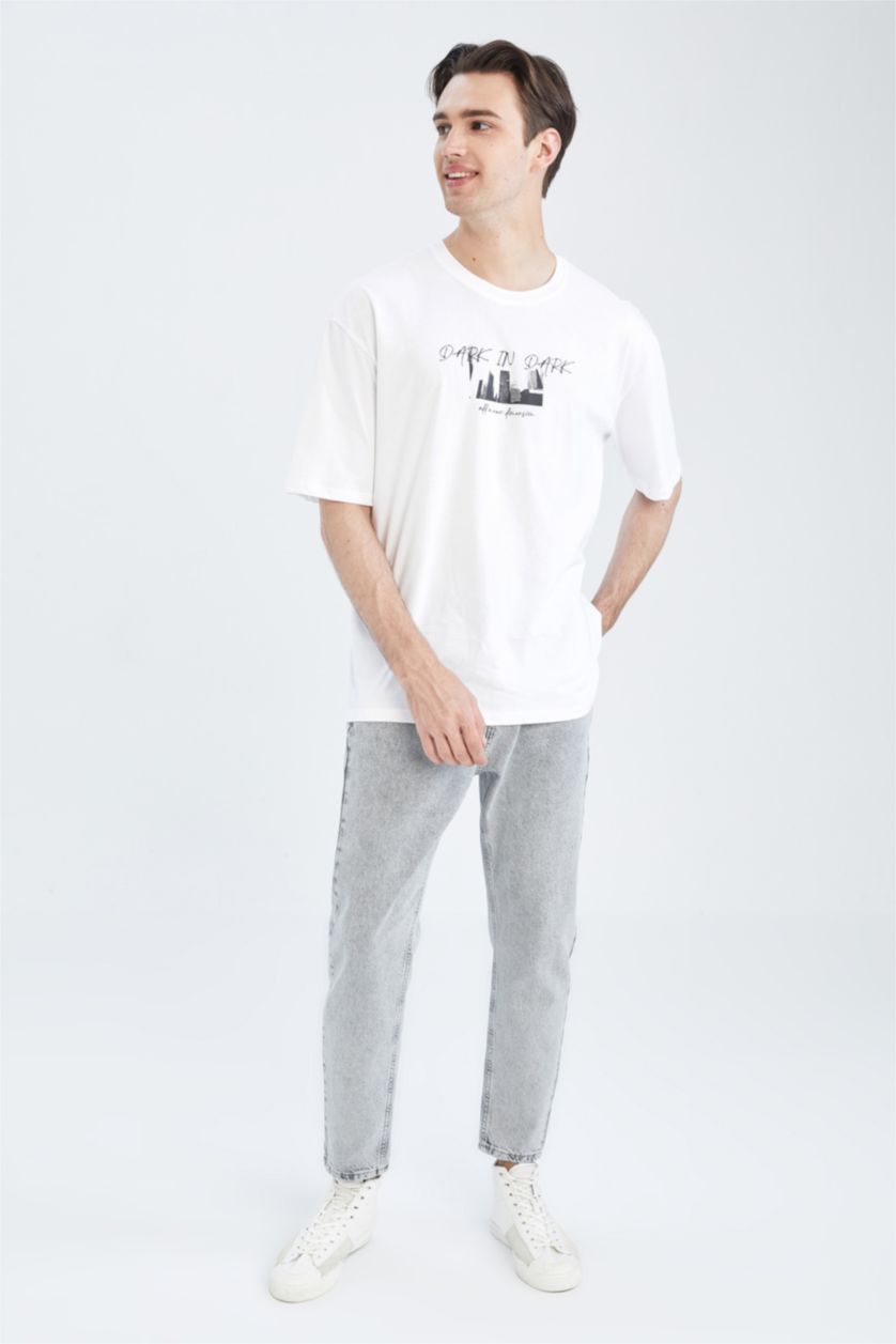 Erkek Açık Gri Loose Fit Bol Kalıp Yüksek Bel Dar Paça Jean Pantolon