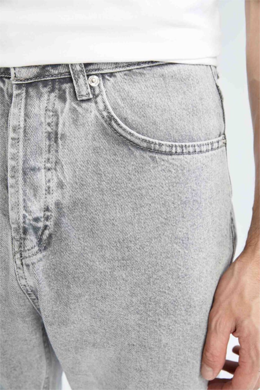 Erkek Açık Gri Loose Fit Bol Kalıp Yüksek Bel Dar Paça Jean Pantolon