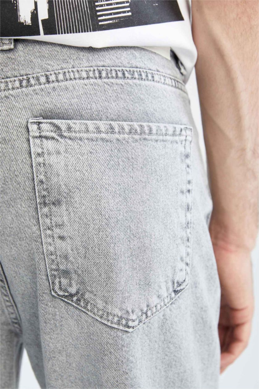 Erkek Açık Gri Loose Fit Bol Kalıp Yüksek Bel Dar Paça Jean Pantolon