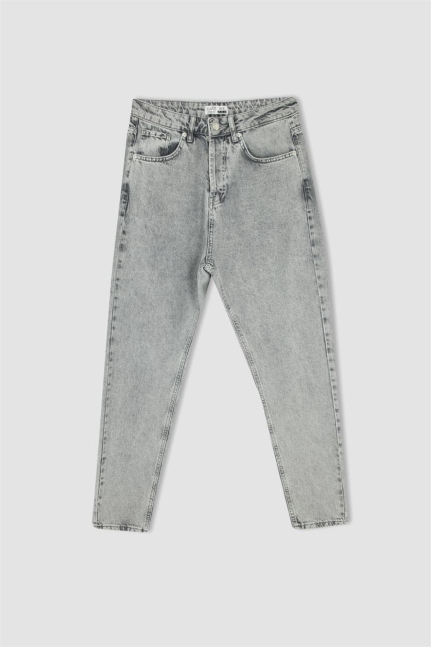 Erkek Açık Gri Loose Fit Bol Kalıp Yüksek Bel Dar Paça Jean Pantolon