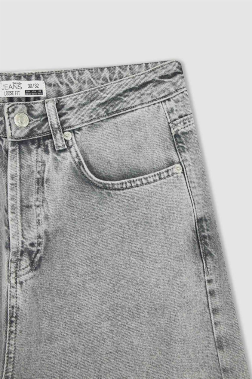 Erkek Açık Gri Loose Fit Bol Kalıp Yüksek Bel Dar Paça Jean Pantolon