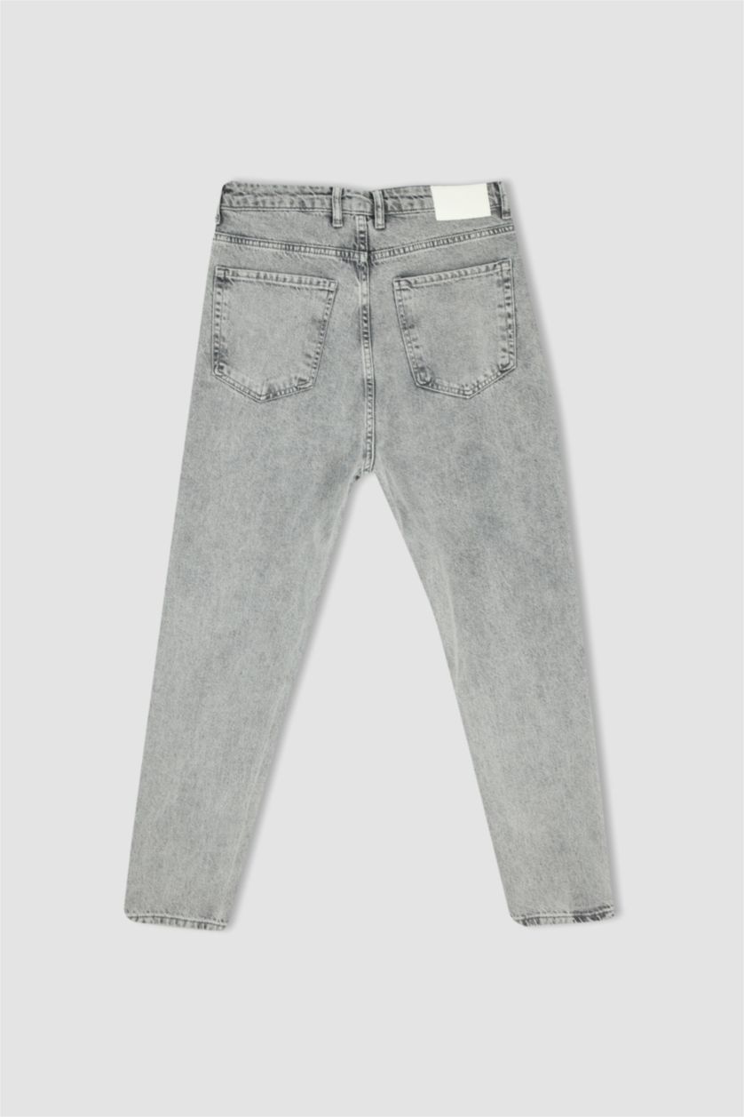 Erkek Açık Gri Loose Fit Bol Kalıp Yüksek Bel Dar Paça Jean Pantolon