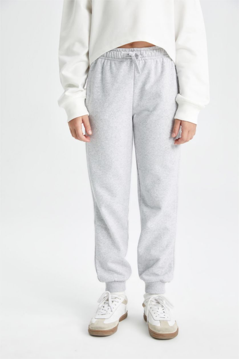 Kız Çocuk - Genç Kız Gri Melanj Kız Çocuk Gri Standart Fit Beli Paçası Lastikli Okul Jogger Eşofman Altı