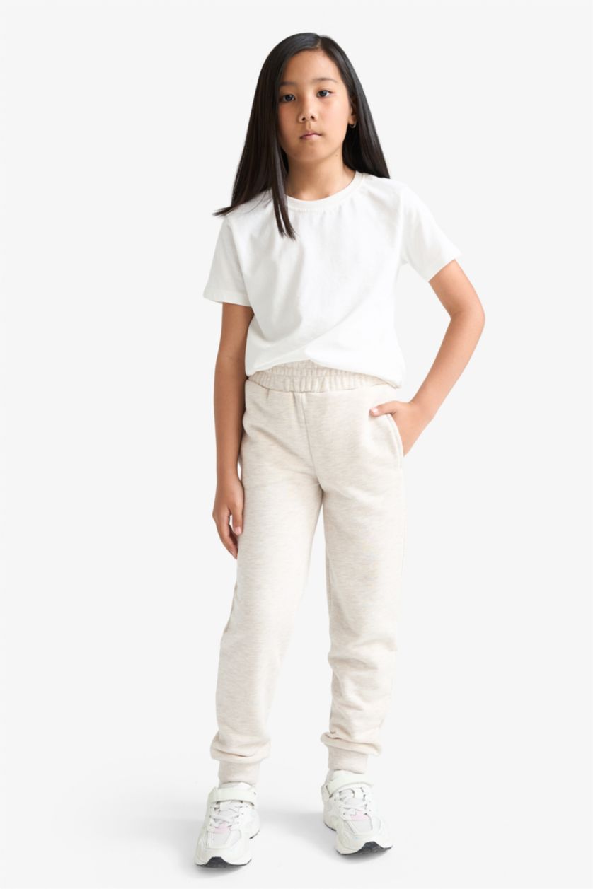 Girls & Teens Beige Melange Girl Standard Fit Basic Elastic Waist Jogger Sweatpants