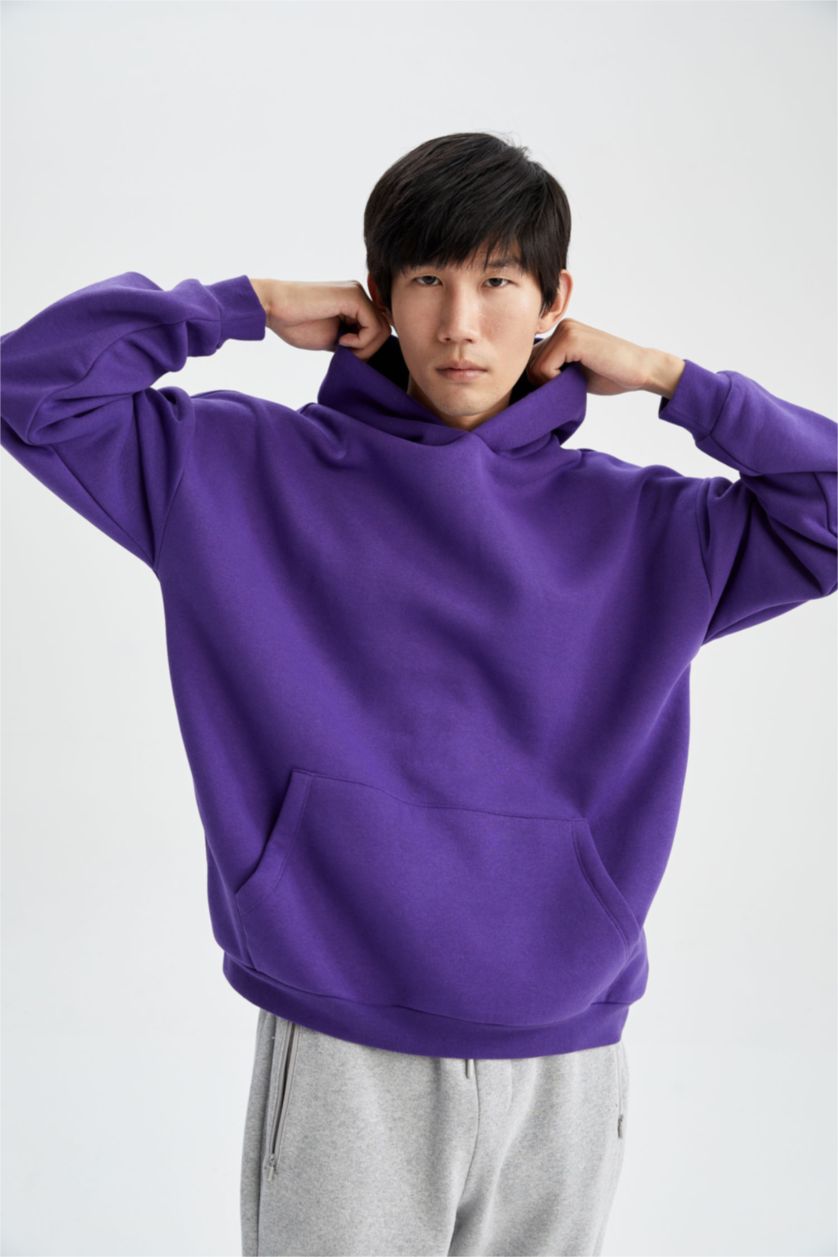 رجال بنفسجي غامق هودي اوفر سايز  بريش ناعم من الداخل بأكمام طويلة