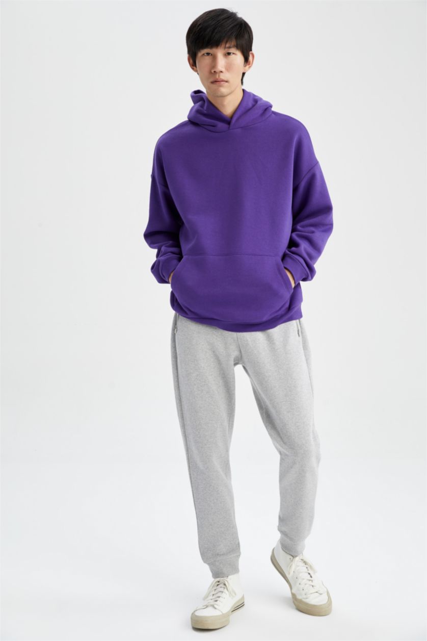 رجال بنفسجي غامق هودي اوفر سايز  بريش ناعم من الداخل بأكمام طويلة