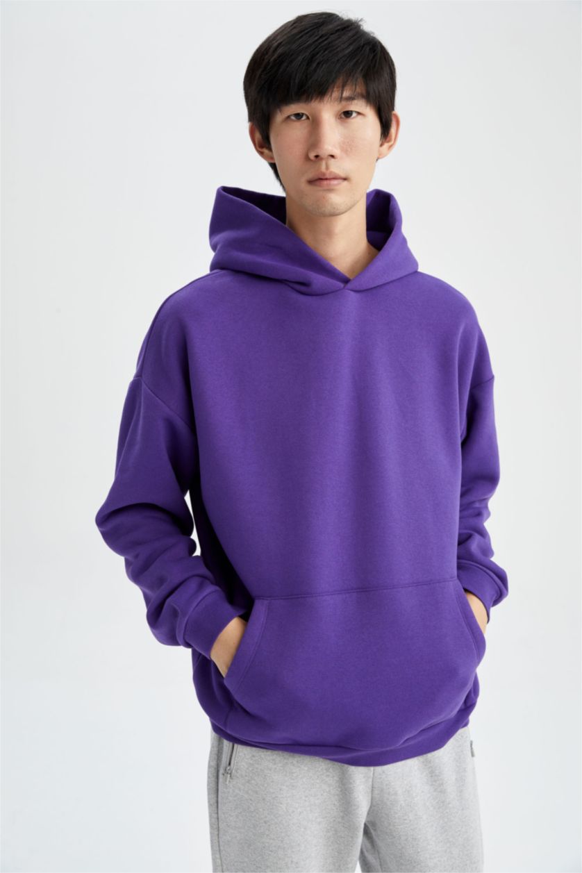 رجال بنفسجي غامق هودي اوفر سايز  بريش ناعم من الداخل بأكمام طويلة