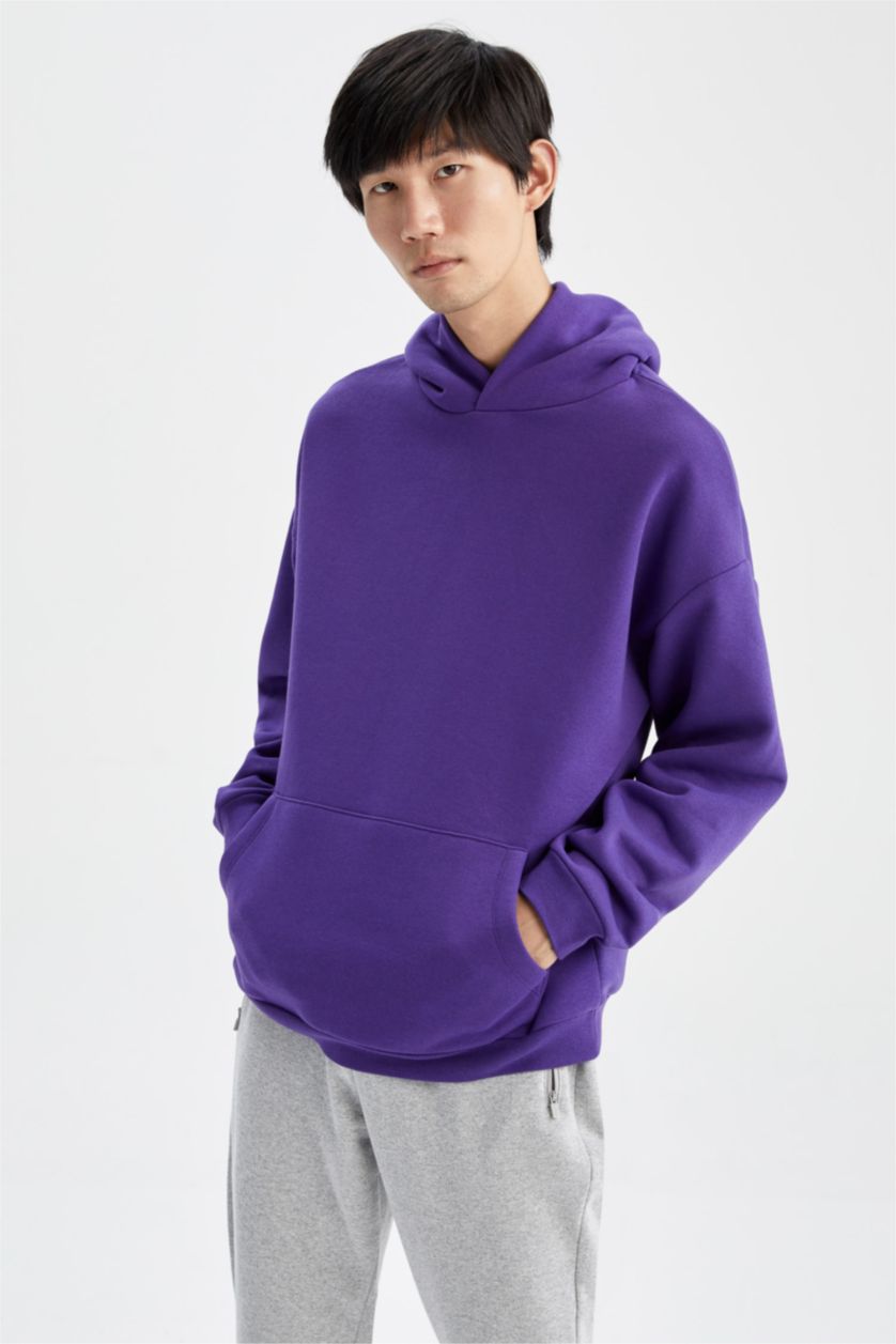 رجال بنفسجي غامق هودي اوفر سايز  بريش ناعم من الداخل بأكمام طويلة