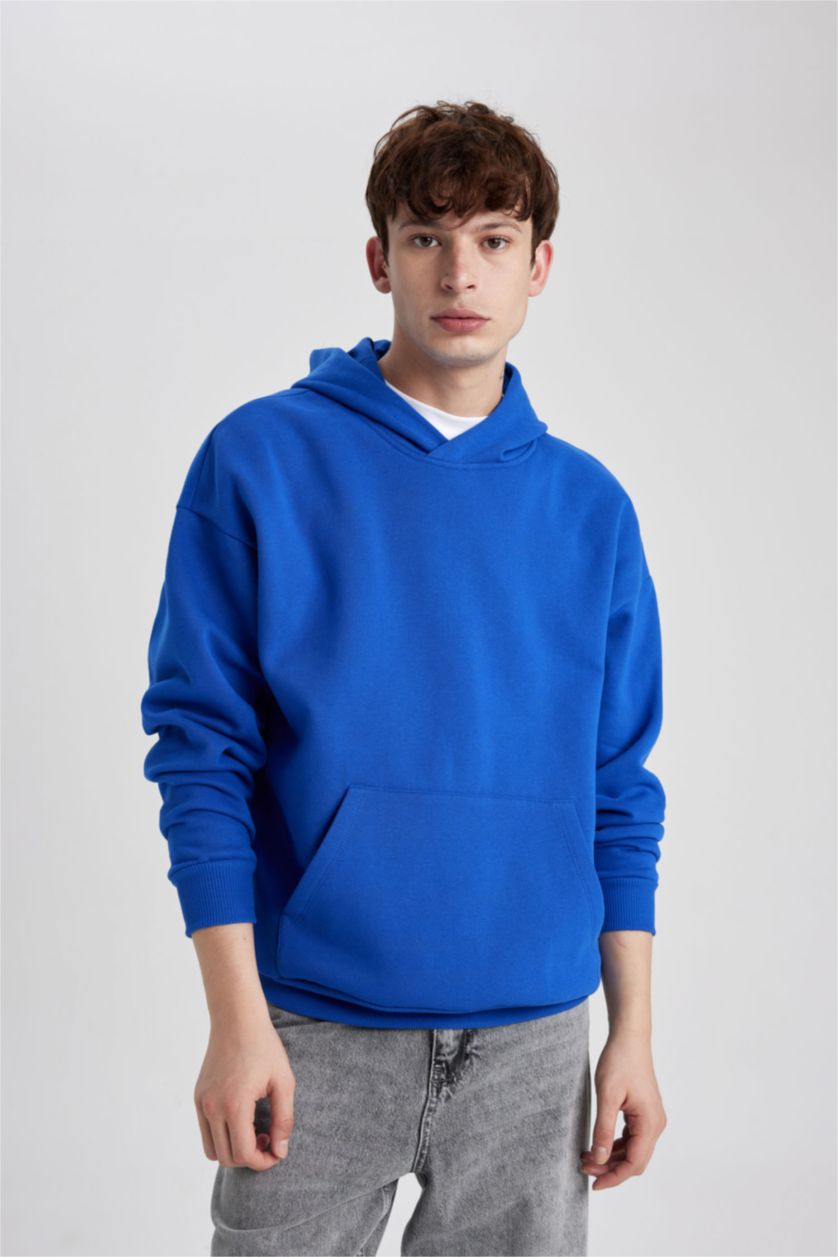 رجال أزرق فاقع هودي أوفر سايز بريش ناعم من الداخل وأكمام طويلة