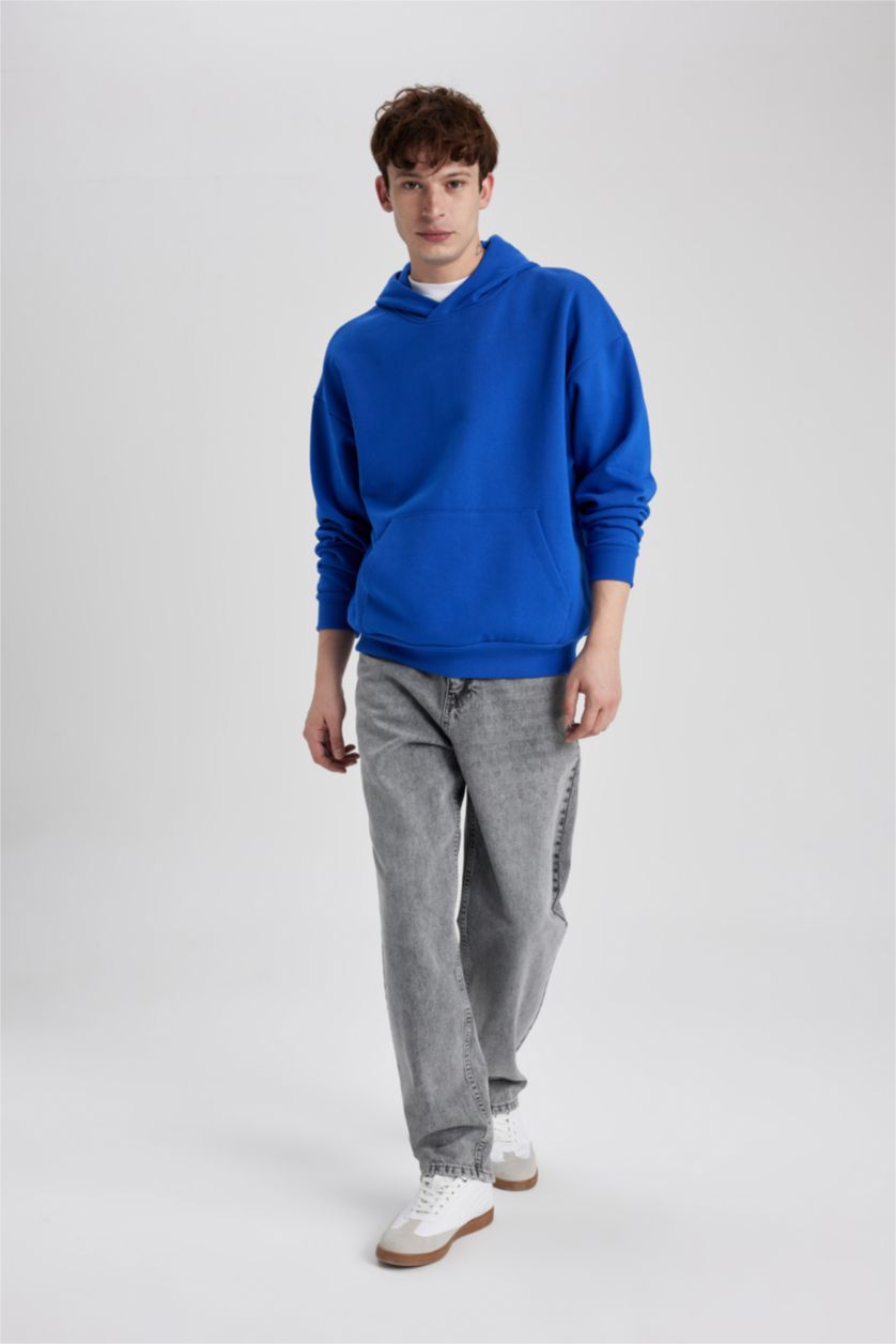 رجال أزرق فاقع هودي أوفر سايز بريش ناعم من الداخل وأكمام طويلة