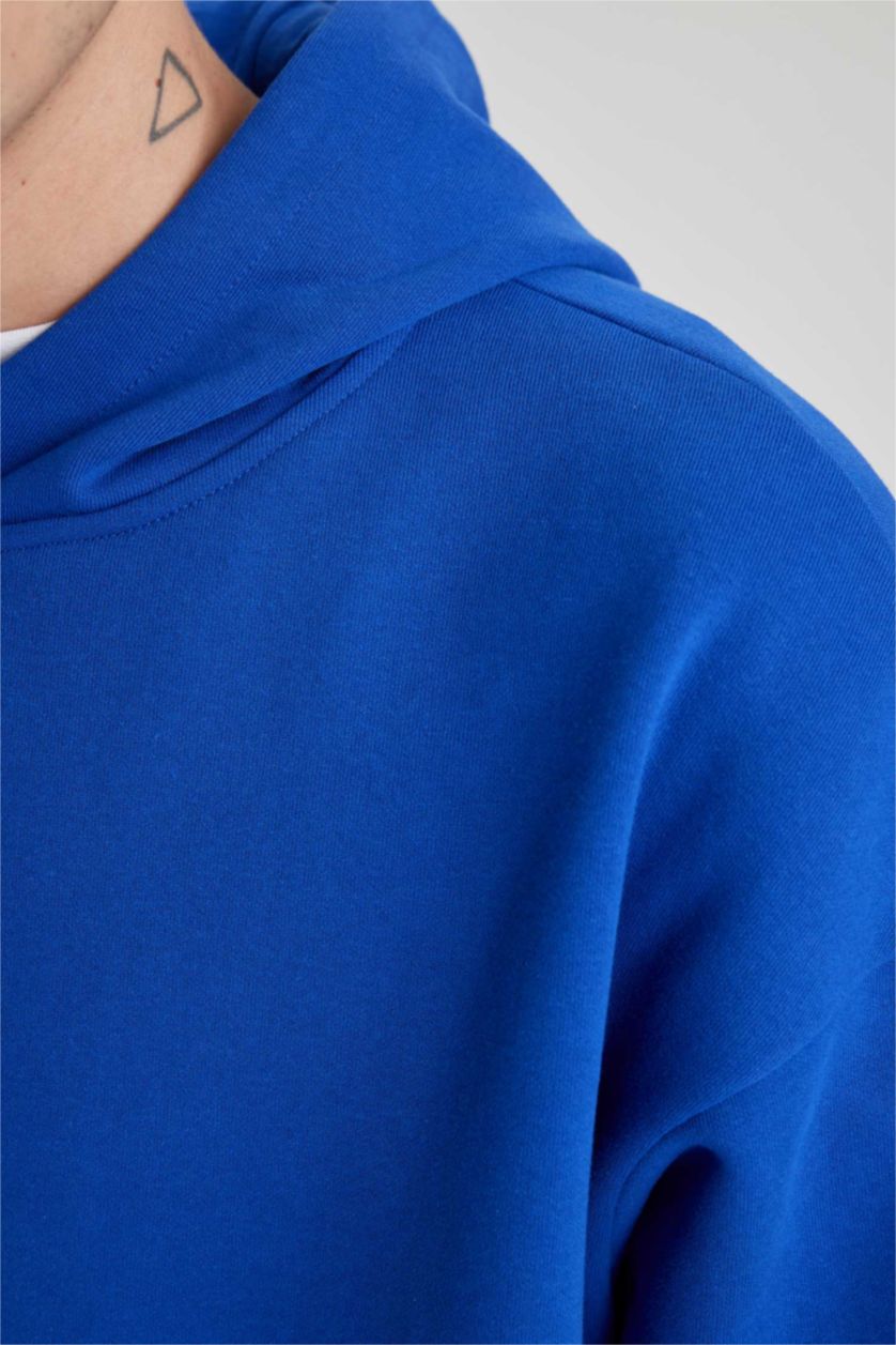 رجال أزرق فاقع هودي أوفر سايز بريش ناعم من الداخل وأكمام طويلة