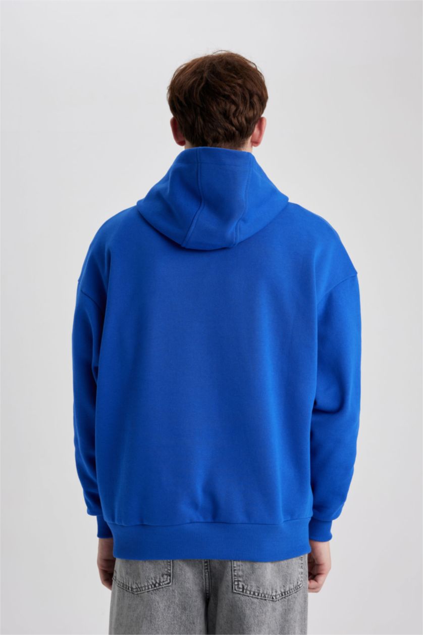 رجال أزرق فاقع هودي أوفر سايز بريش ناعم من الداخل وأكمام طويلة