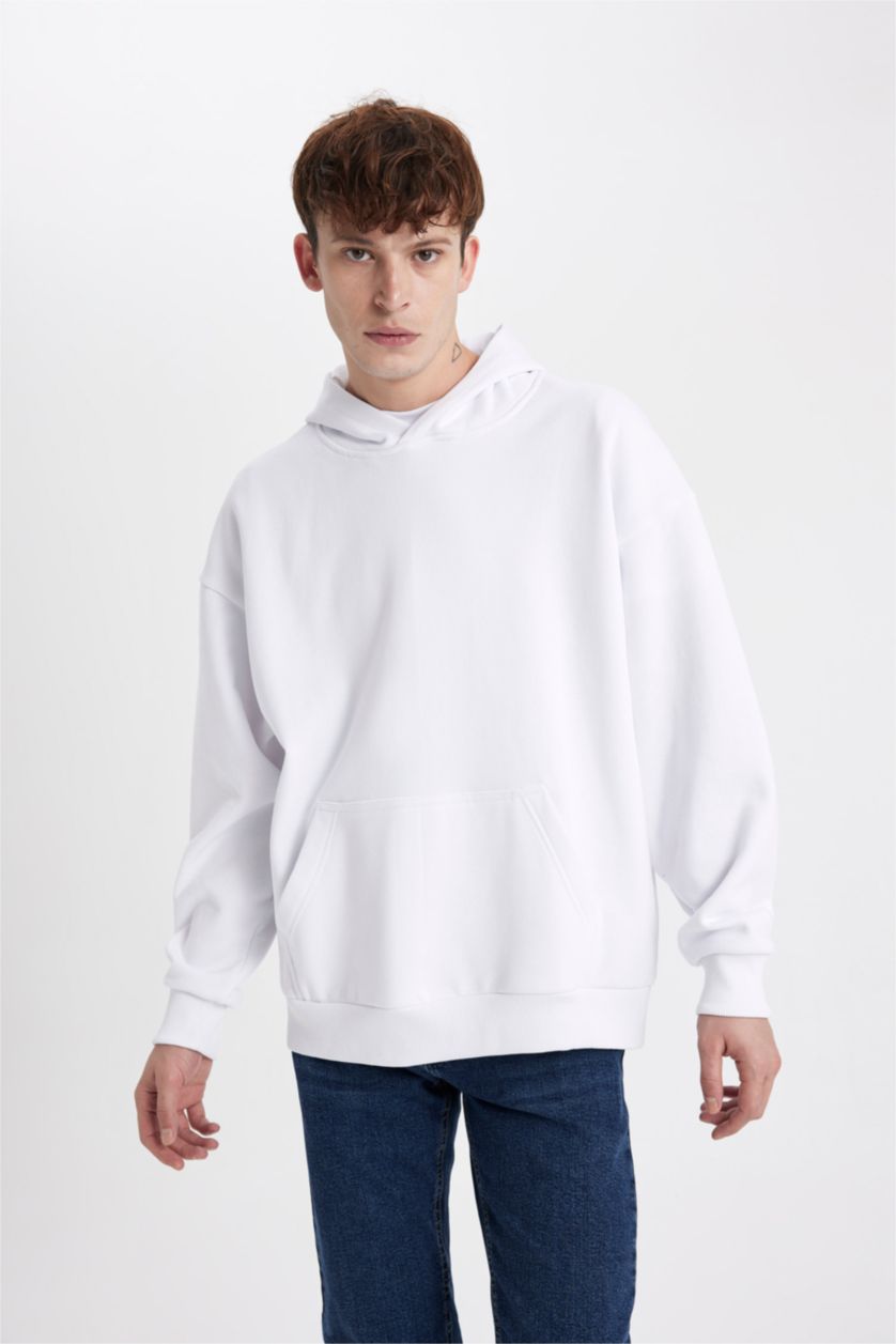Мужчины Белый Свитшот оверсайз с капюшоном с карманом кенгуру
