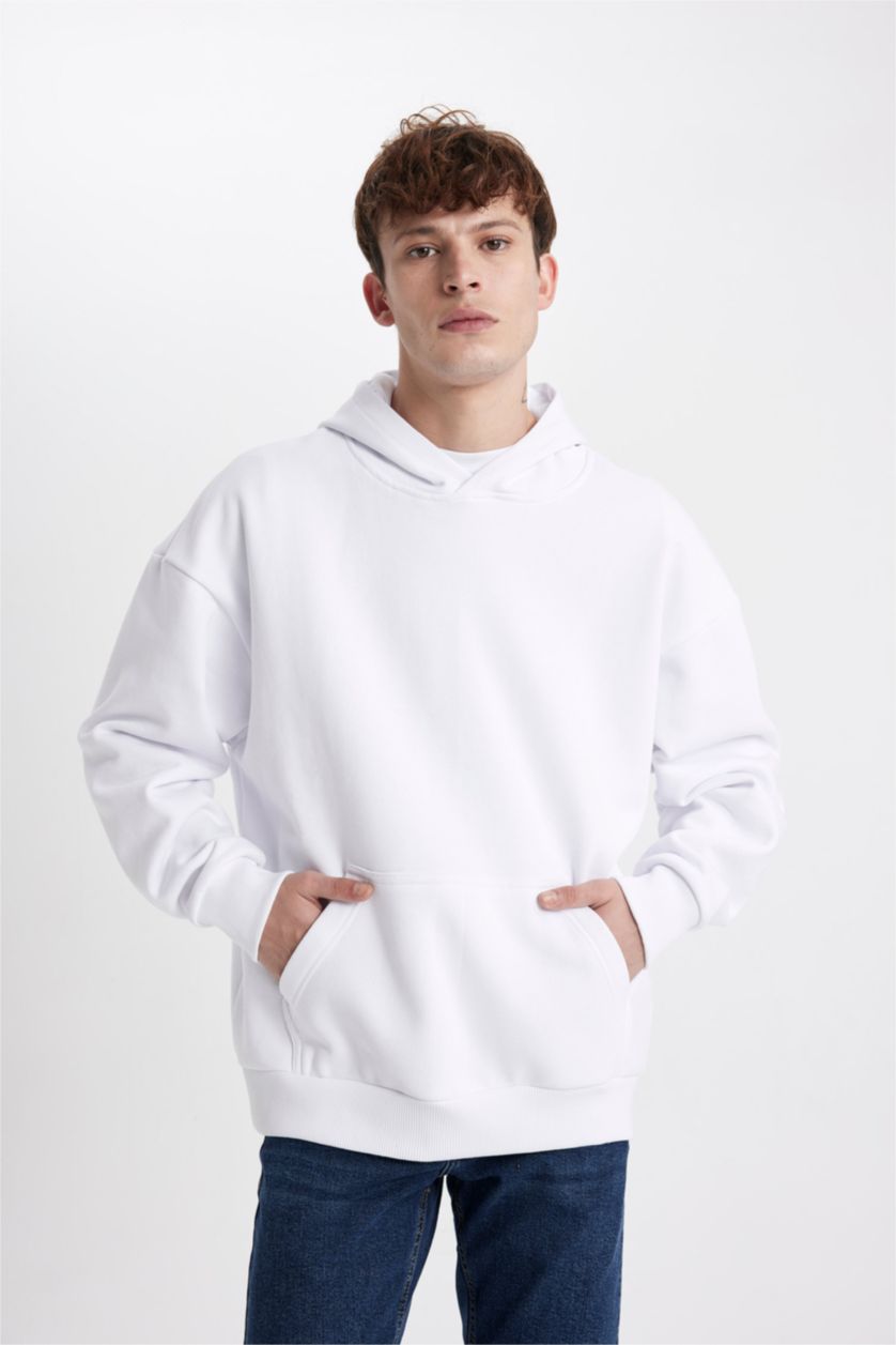 Мужчины Белый Свитшот оверсайз с капюшоном с карманом кенгуру