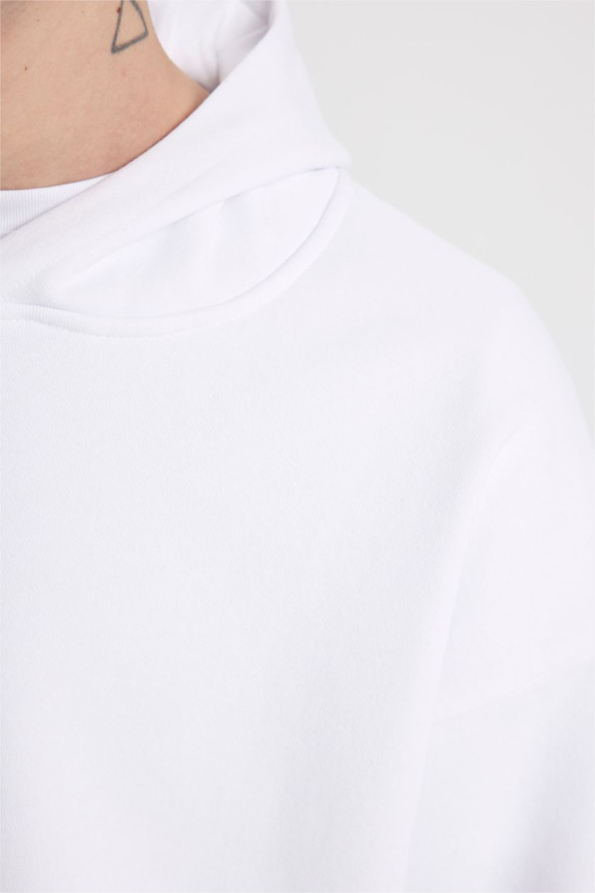 Мужчины Белый Свитшот оверсайз с капюшоном с карманом кенгуру