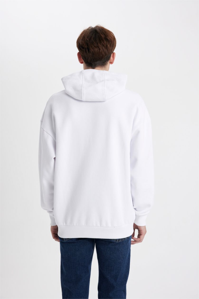 Мужчины Белый Свитшот оверсайз с капюшоном с карманом кенгуру