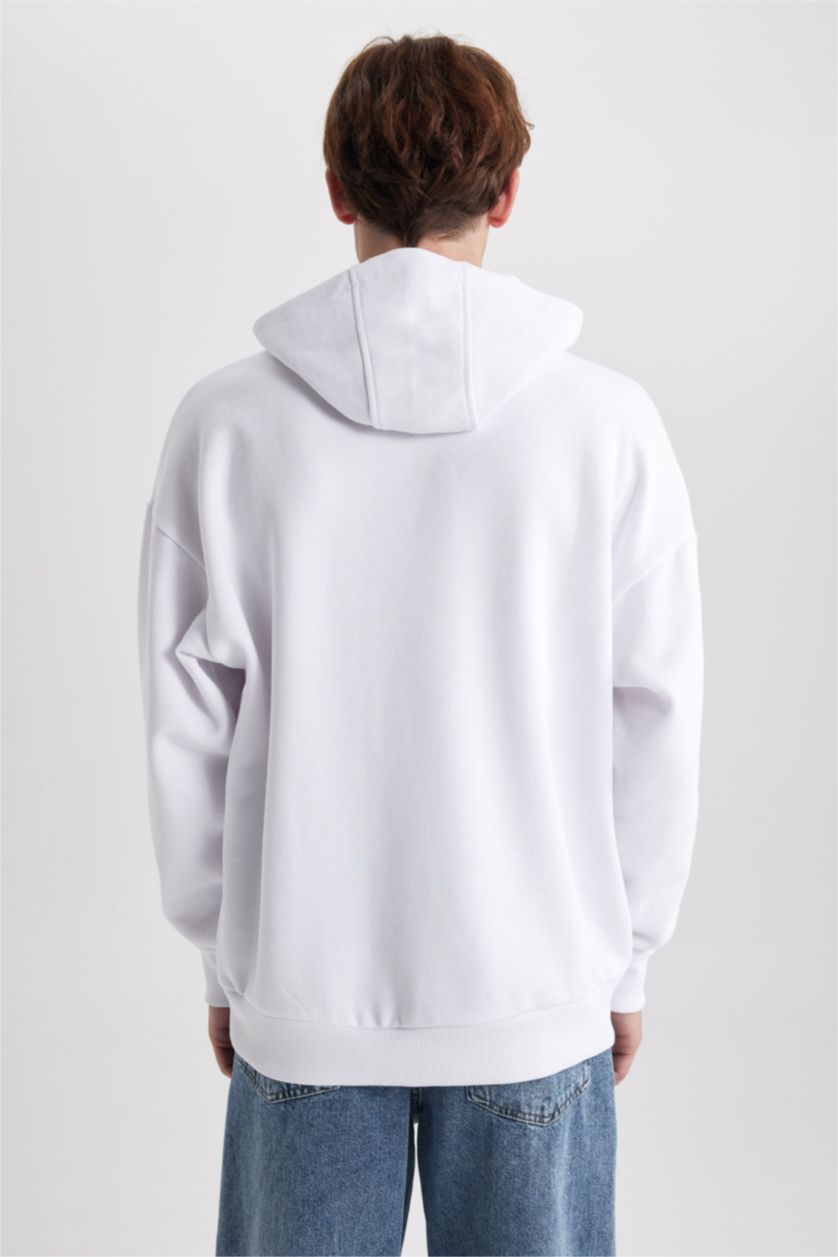 Мужчины Белый Свитшот оверсайз с капюшоном с карманом кенгуру