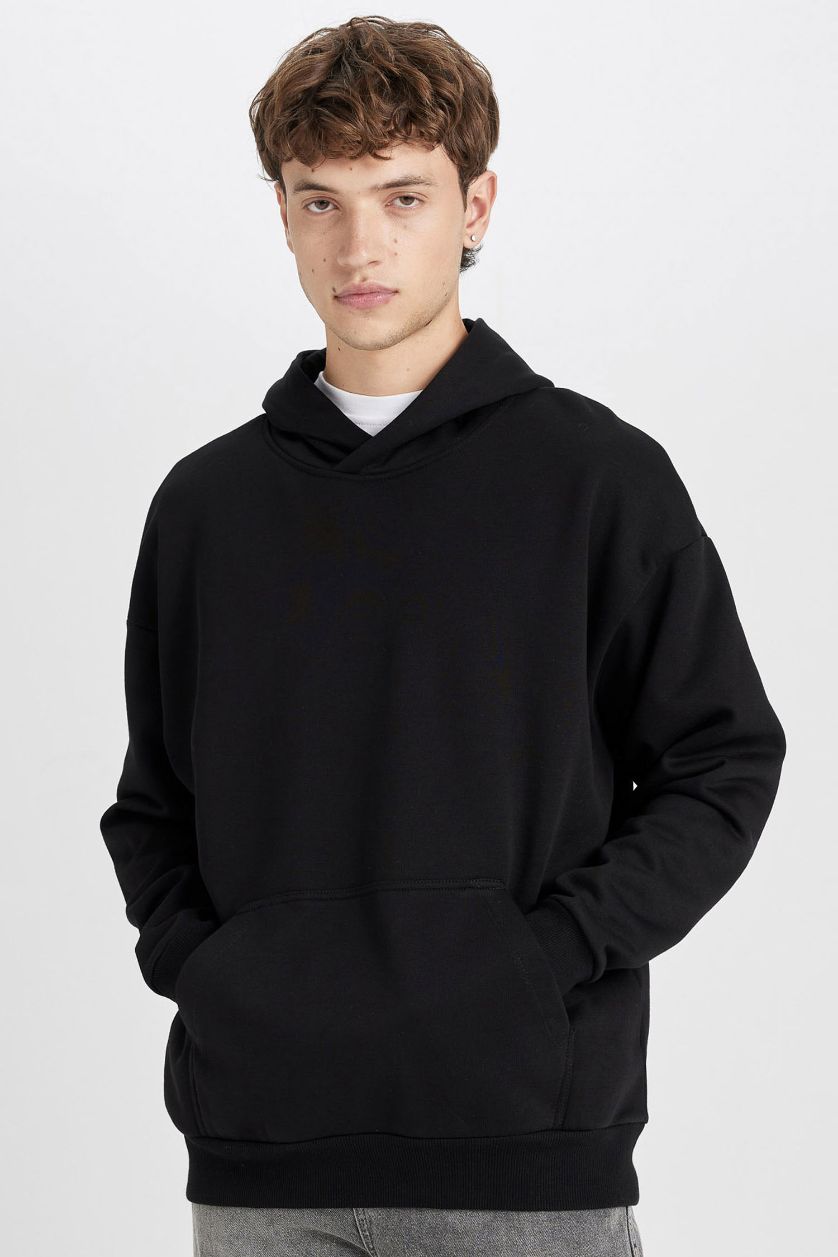 Erkek Siyah Oversize Geniş Kalıp Kapüşonlu Cepli Basic Düz Sweatshirt