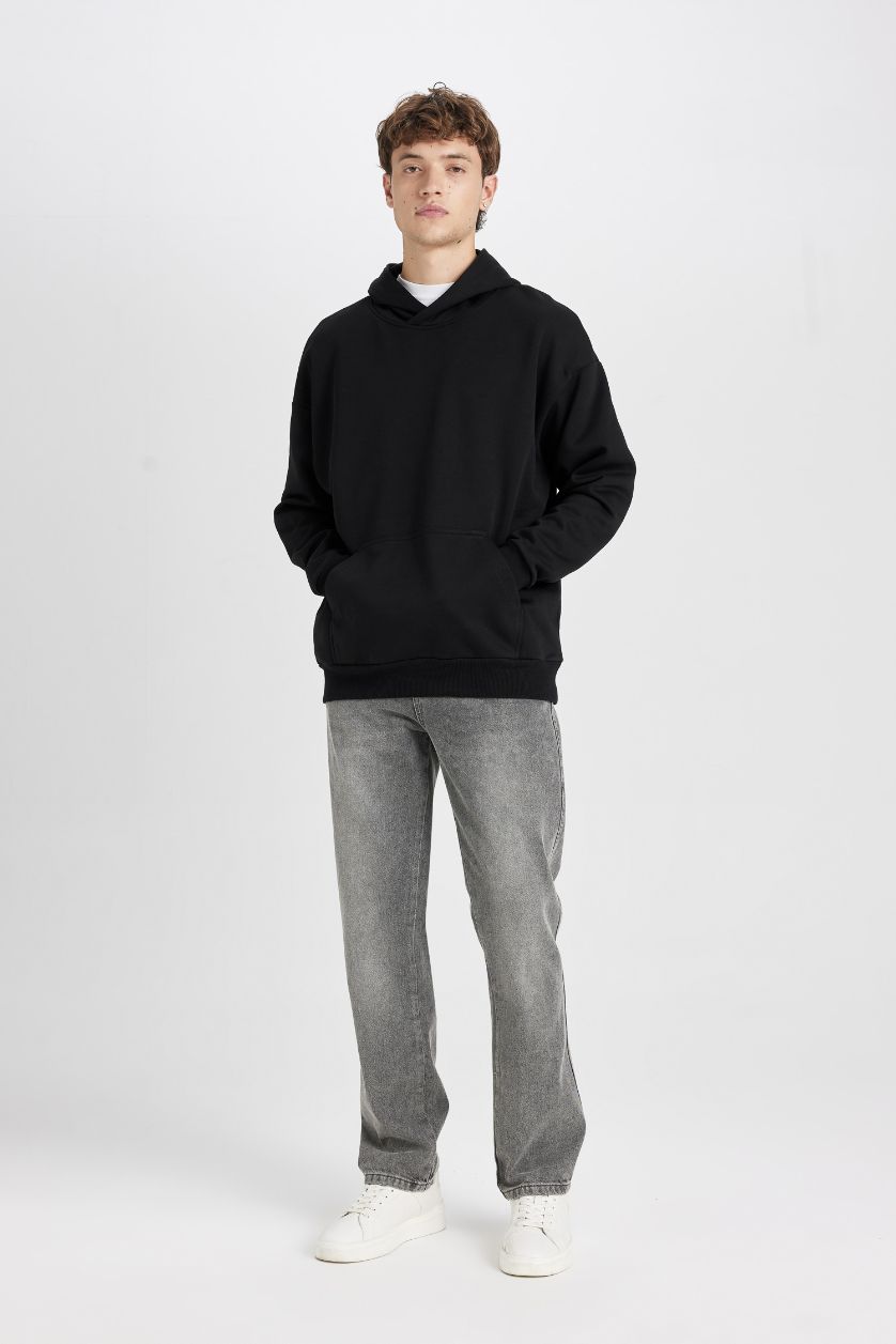 Erkek Siyah Oversize Geniş Kalıp Kapüşonlu Cepli Basic Düz Sweatshirt