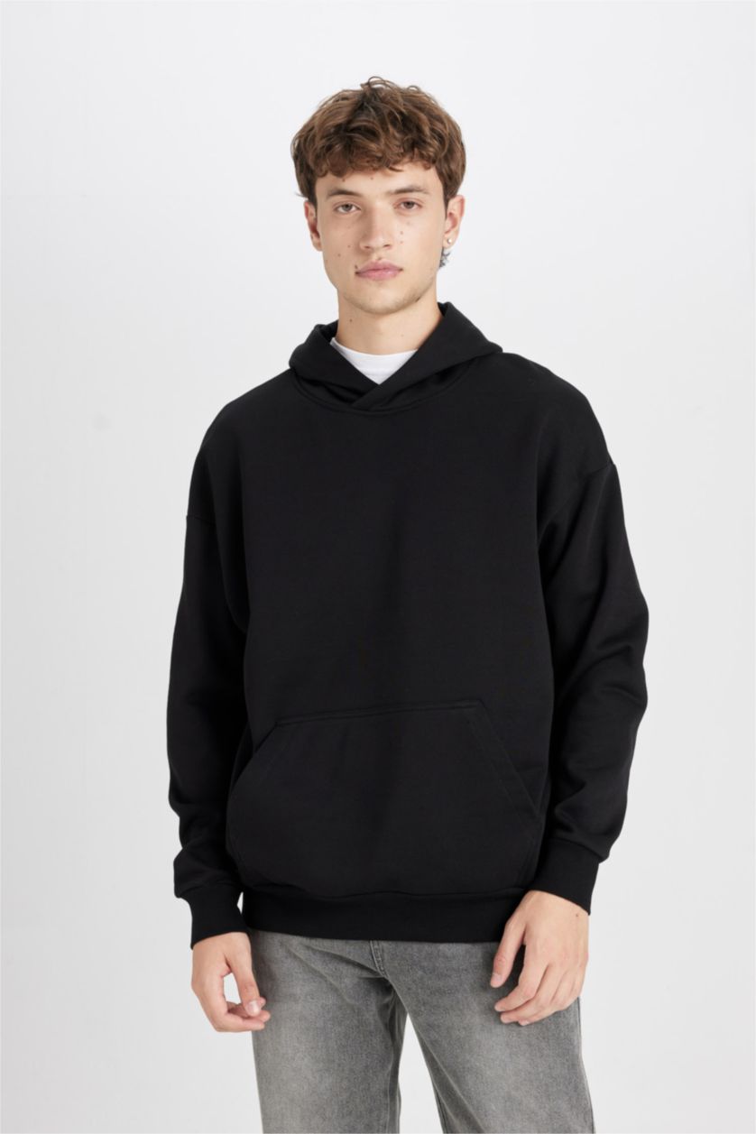 Erkek Siyah Oversize Geniş Kalıp Kapüşonlu Cepli Basic Düz Sweatshirt